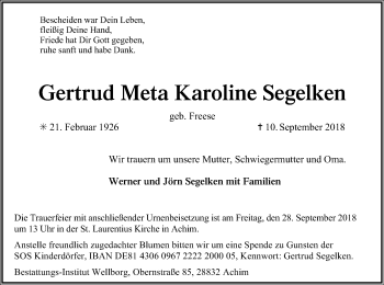 Traueranzeige von Gertrud Meta Karoline Segelken von SYK