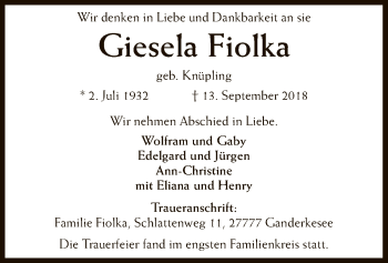 Traueranzeige von Giesela Fiolka von SYK