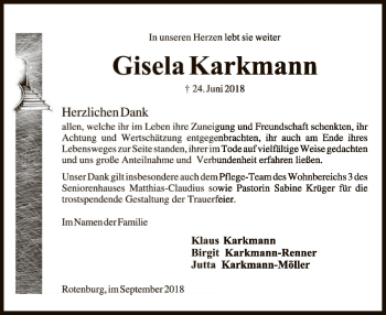 Traueranzeige von Gisela Karkmann von SYK