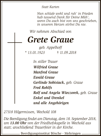 Traueranzeige von Grete Graue von SYK