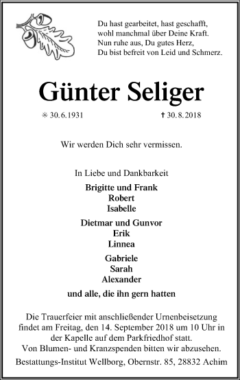 Traueranzeige von Günter Seliger von SYK