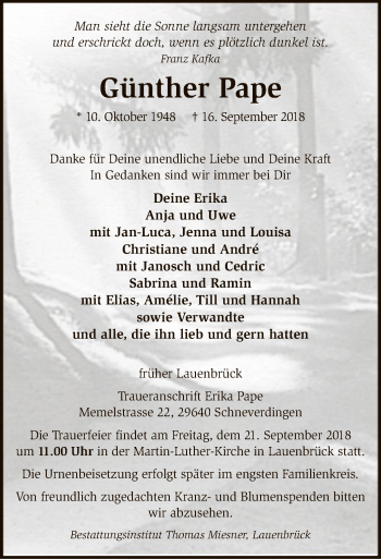 Traueranzeige von Günther Pape von SYK