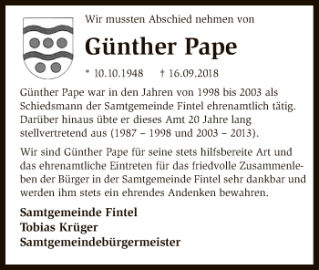 Traueranzeige von Günther Pape von SYK