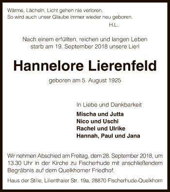 Traueranzeige von Hannelore Lierenfeld von SYK