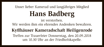 Traueranzeige von Hans Badberg von SYK