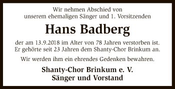 Traueranzeige von Hans Badberg von SYK