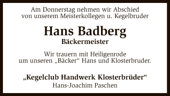 Traueranzeige von Hans Badberg von SYK