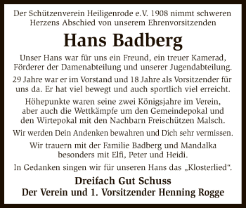 Traueranzeige von Hans Badberg von SYK