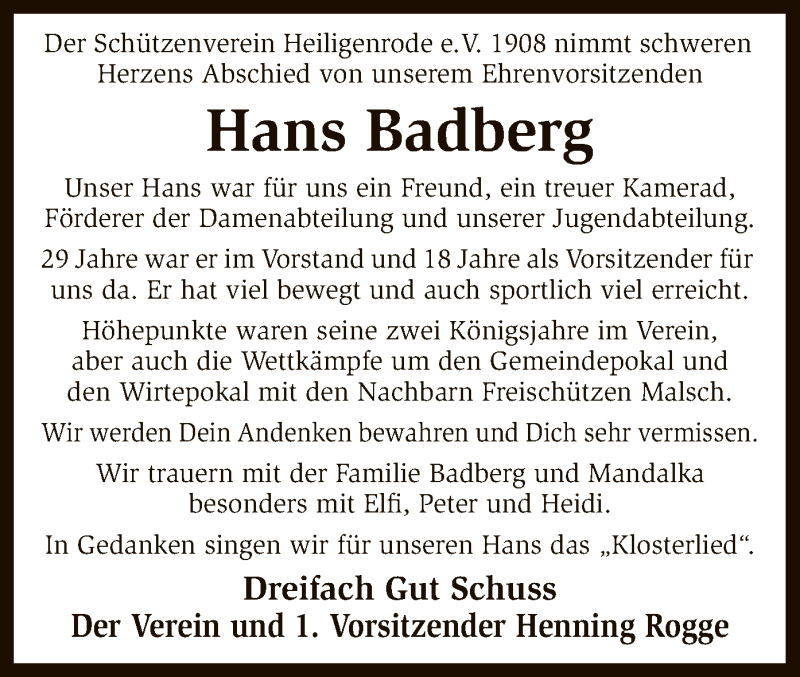  Traueranzeige für Hans Badberg vom 18.09.2018 aus SYK