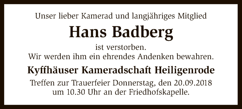  Traueranzeige für Hans Badberg vom 19.09.2018 aus SYK