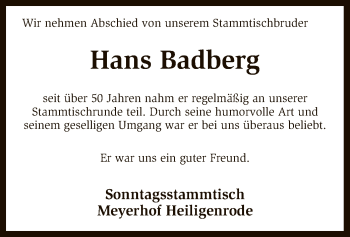 Traueranzeige von Hans Badberg von SYK