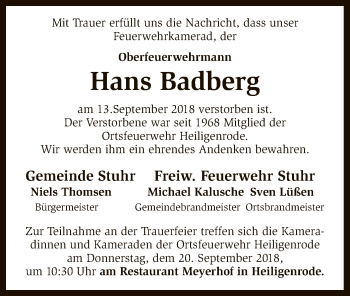 Traueranzeige von Hans Badberg von SYK