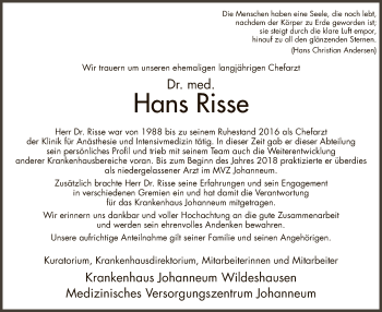 Traueranzeige von Hans Risse von SYK