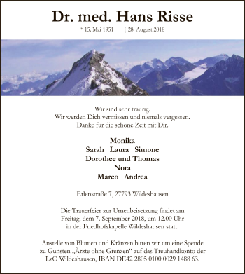 Traueranzeige von Hans Risse von SYK