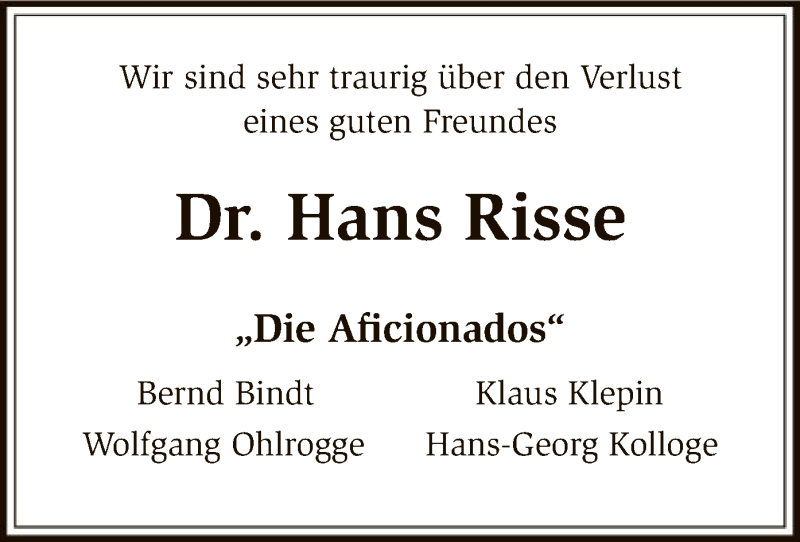  Traueranzeige für Hans Risse vom 01.09.2018 aus SYK
