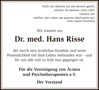 Traueranzeige von Hans Risse von SYK
