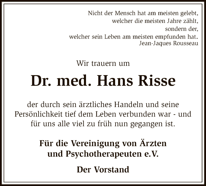  Traueranzeige für Hans Risse vom 01.09.2018 aus SYK