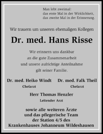 Traueranzeige von Hans Risse von SYK
