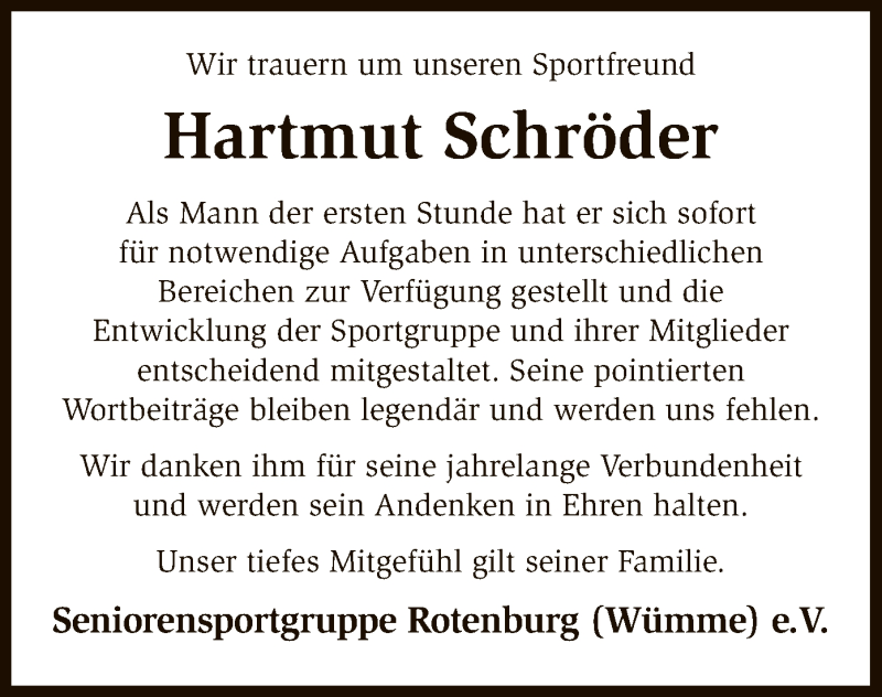 Traueranzeige für Hartmut Schröder vom 08.09.2018 aus SYK