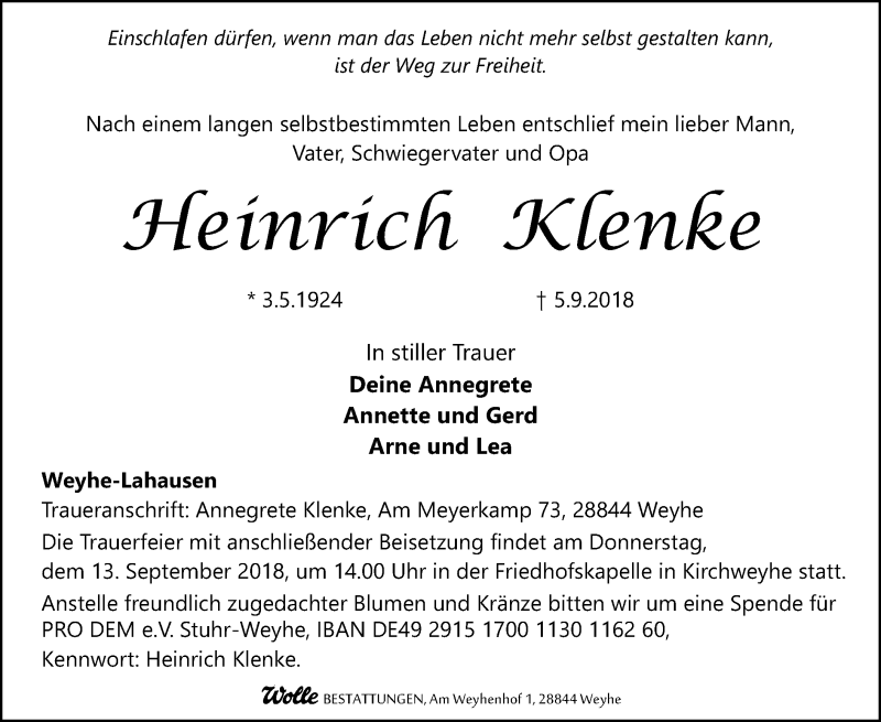  Traueranzeige für Heinrich Klenke vom 08.09.2018 aus SYK