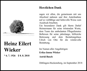 Traueranzeige von Heinz Eilert Wieker von SYK