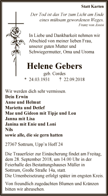 Traueranzeige von Helene Gebers von SYK