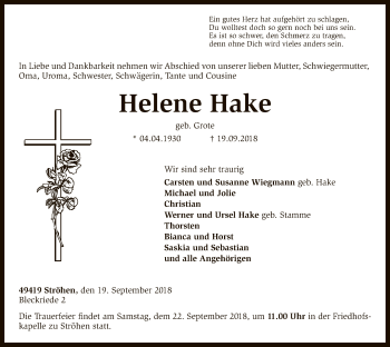 Traueranzeige von Helene Hake von SYK