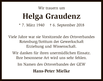 Traueranzeige von Helga Graudenz von SYK