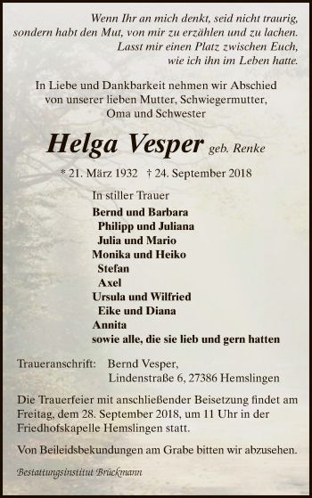 Traueranzeige von Helga Vesper von SYK