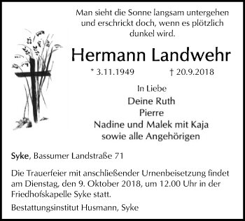 Traueranzeige von Hermann Landwehr von SYK