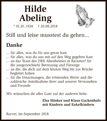 Traueranzeige von Hilde Abeling von SYK