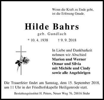 Traueranzeige von Hilde Bahrs von SYK