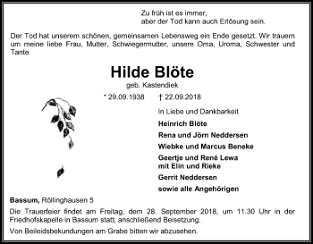 Traueranzeige von Hilde Blöte von SYK