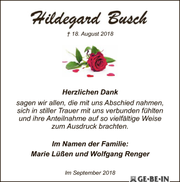 Traueranzeige von Hildegard Busch von SYK