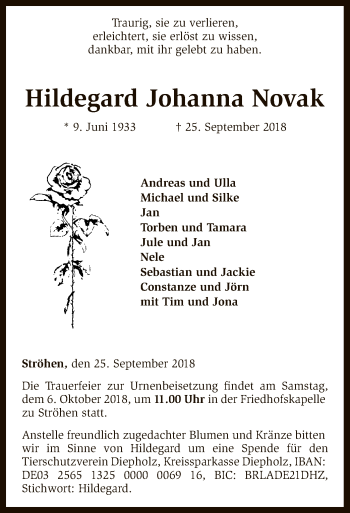 Traueranzeige von Hildegard Johanna Novak von SYK