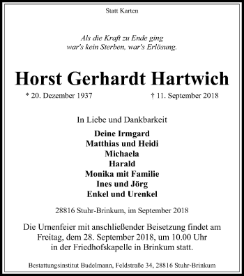 Traueranzeige von Horst Gerhardt Hartwich von SYK