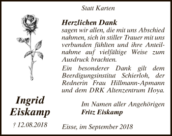 Traueranzeige von Ingrid Eiskamp von SYK