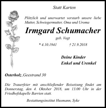 Traueranzeige von Irmgard Schumacher von SYK