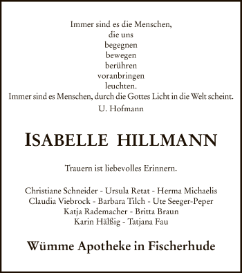 Traueranzeige von Isabelle Hillmann von SYK