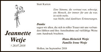 Traueranzeige von Jeanette Wetje von SYK