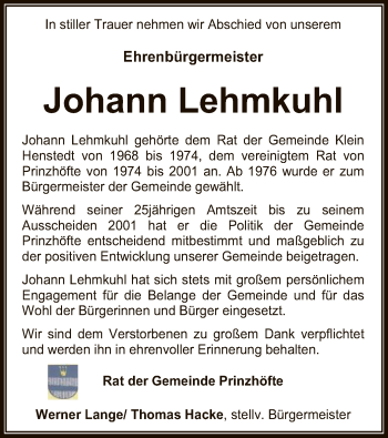 Traueranzeige von Johann Lehmkuhl von SYK