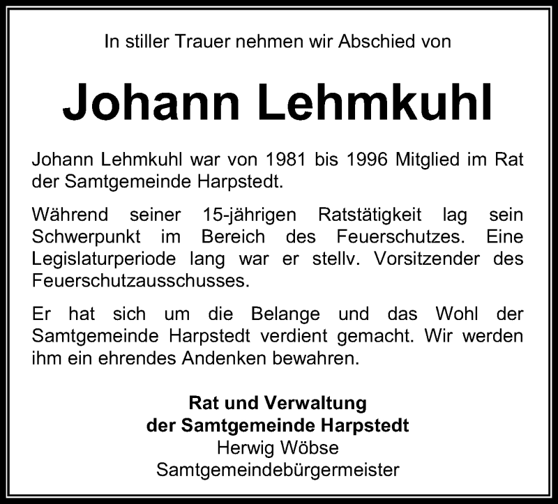  Traueranzeige für Johann Lehmkuhl vom 22.09.2018 aus SYK