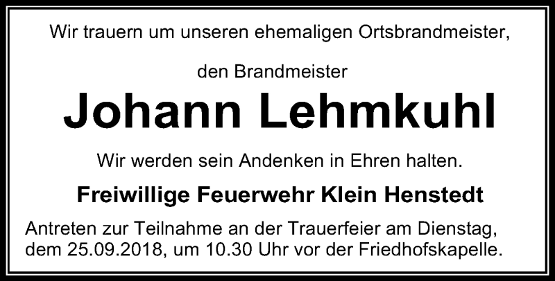  Traueranzeige für Johann Lehmkuhl vom 21.09.2018 aus SYK