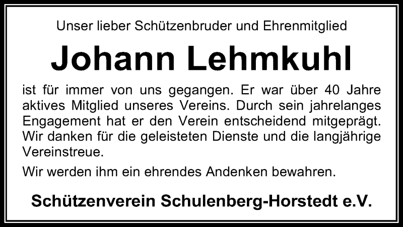  Traueranzeige für Johann Lehmkuhl vom 21.09.2018 aus SYK