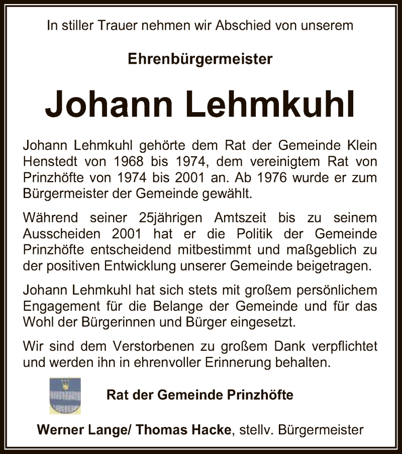  Traueranzeige für Johann Lehmkuhl vom 21.09.2018 aus SYK