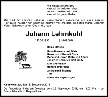 Traueranzeige von Johann Lehmkuhl von SYK