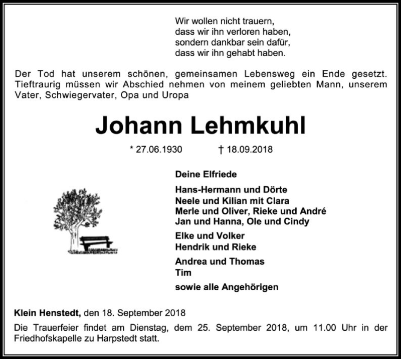  Traueranzeige für Johann Lehmkuhl vom 20.09.2018 aus SYK