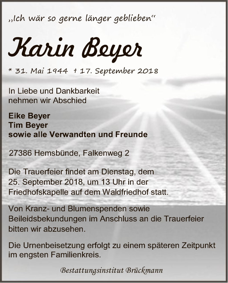  Traueranzeige für Karin Beyer vom 22.09.2018 aus SYK