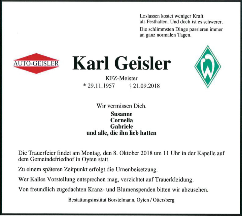  Traueranzeige für Karl Geisler vom 29.09.2018 aus SYK