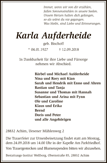 Traueranzeige von Karla Aufderheide von SYK